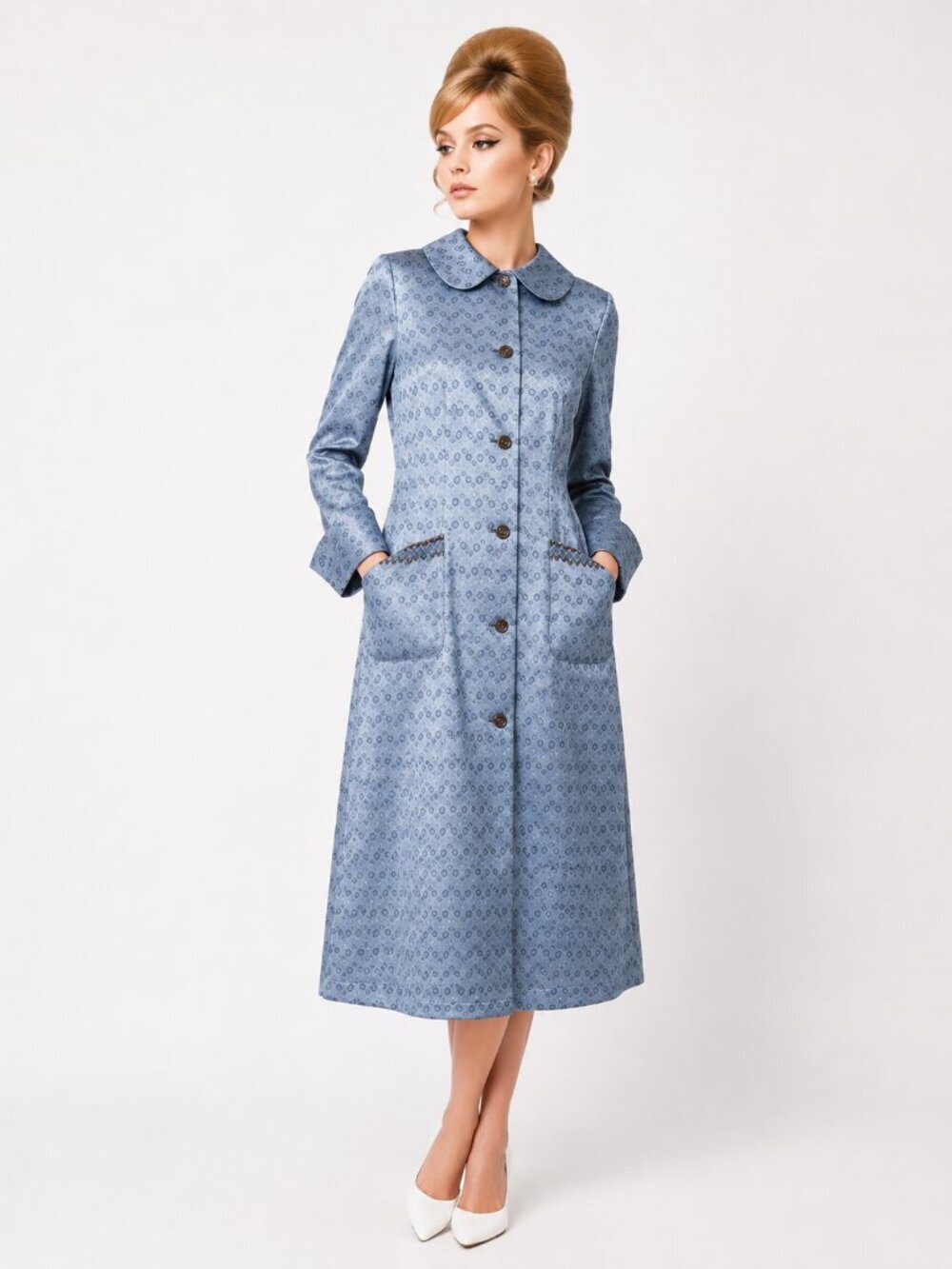 VINTAGE 60s Satin Brocade Robe Duster Housecoat Blue Floral OS